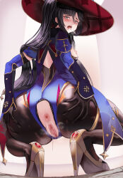 Rule 34 | anus, ass, black hair, black pantyhose, breasts, censored, crotchless, crotchless leotard, from behind, from below, genshin impact, grey eyes, hands on own ass, hat, high heels, highres, leotard, long hair, mona (genshin impact), mosaic censoring, nipples, open mouth, pantyhose, pussy, pussy juice, rdy, saliva, squatting, torn clothes, torn pantyhose, wide hips, witch hat