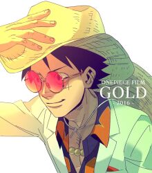 Rule 34 | 1boy, black hair, close-up, commentary request, hand on headwear, hat, jacket, jewelry, looking to the side, male focus, monkey d. luffy, multiple hats, necklace, one piece, one piece film: gold, scar, scar on face, short hair, simple background, smile, solo, straw hat, sunglasses, tako jirou, white background, white jacket