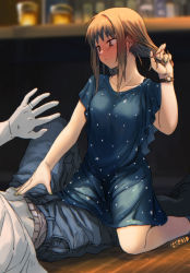 Rule 34 | 1boy, 1girl, adjusting hair, blue dress, blush, breasts, brown hair, closed mouth, commentary request, denim, dress, drunk, ergot, fubuki (kancolle), green nails, hand in own hair, indoors, jeans, jewelry, kantai collection, medium breasts, nail polish, nose blush, on floor, pants, ring, short sleeves, sidelocks, signature, solo focus, sweat, watch, wedding band, wristwatch