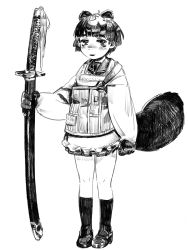 Rule 34 | 1girl, animal ears, apron, blush, commentary request, full body, gloves, greyscale, holding, holding sheath, holding sword, holding weapon, kappougi, kneehighs, kuro4221, leaf, leaf on head, long hair, monochrome, original, parted lips, raccoon ears, raccoon girl, raccoon tail, sailor collar, sheath, sheathed, short hair, sketch, socks, solo, standing, sword, tail, tanuki, weapon