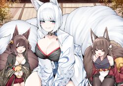 Rule 34 | 3girls, ;d, absurdres, aged down, akagi-chan (azur lane), amagi-chan (azur lane), animal ears, azur lane, bare shoulders, bell, black kimono, blue eyes, blunt bangs, breasts, brown hair, brown tail, cleavage, detached sleeves, fox ears, fox girl, fox tail, grin, hair bell, hair ornament, half-closed eyes, highres, japanese clothes, kaga (azur lane), kimono, kitsune, kyuubi, large breasts, long sleeves, multiple girls, multiple tails, one eye closed, open mouth, print kimono, red eyes, samip, short hair, smile, swept bangs, tail, teeth, upper body, upper teeth only, white hair, white kimono, white tail, wide sleeves