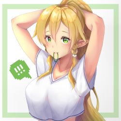 Rule 34 | !, !!, 1girl, absurdres, arms up, bare arms, blonde hair, braid, breasts, cleavage, collarbone, commentary, crop top, elf, green eyes, hair ornament, unworn hair ornament, hands in hair, highres, ijac ray, large breasts, leafa, long hair, looking at viewer, mouth hold, pointy ears, ponytail, shirt, short hair, smile, solo, sword art online, twin braids, upper body, white shirt