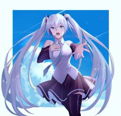 Rule 34 | 1girl, black skirt, black sleeves, black thighhighs, blue eyes, blue necktie, blue sky, cloud, day, detached sleeves, doris (1349745448), dress shirt, floating hair, hair between eyes, hatsune miku, headphones, headset, highres, long hair, long sleeves, looking at viewer, microphone, miniskirt, music, necktie, open mouth, outstretched arm, shirt, silver hair, singing, skirt, sky, sleeveless, sleeveless shirt, solo, standing, thighhighs, twintails, very long hair, vocaloid, white background, white shirt
