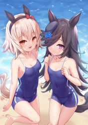 Rule 34 | 2girls, animal ears, arms at sides, bare arms, bare legs, bare shoulders, beach, black headwear, blue flower, blue headwear, blue one-piece swimsuit, blue rose, blush, bow, brown hair, closed mouth, collarbone, commentary request, curren chan (umamusume), ear bow, flower, hair between eyes, hair over one eye, hat, hat flower, highres, horse ears, horse girl, horse tail, long hair, milkshakework, multiple girls, ocean, one-piece swimsuit, open mouth, orange eyes, purple eyes, rice shower (umamusume), rose, short hair, silver hair, smile, swimsuit, tail, tilted headwear, umamusume