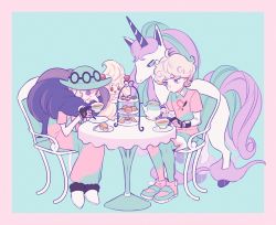Rule 34 | 1boy, 1girl, alcremie, alcremie (strawberry sweet), alcremie (vanilla cream), bede (pokemon), blue background, blue headwear, creatures (company), cup, curly hair, dress, eyeshadow, food, fruit, galarian form, galarian rapidash, game freak, gen 1 pokemon, gen 8 pokemon, gym leader, hat, highres, komasawa (fmn-ppp), looking at another, makeup, nintendo, old, old woman, opal (pokemon), pokemon, pokemon (creature), pokemon swsh, purple eyes, rapidash, shoes, shorts, silver hair, simple background, sitting, sneakers, strawberry, teacup, two-tone background
