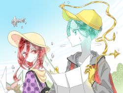 Rule 34 | 2others, ?, alternate costume, androgynous, backpack, bad id, bad pixiv id, bag, blue sky, cinnabar (houseki no kuni), colored eyelashes, colored skin, contemporary, crystal hair, easty, gold, golden arms, green eyes, green hair, hair between eyes, hat, hood, hooded jacket, houseki no kuni, jacket, long bangs, map, mercury (element), multiple others, outdoors, phosphophyllite, red eyes, red hair, scarf, short hair, sky, spoilers, sweat, upper body, white skin