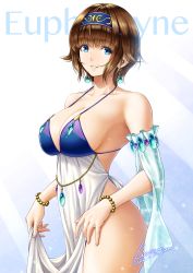 Rule 34 | 1girl, artist name, bare shoulders, blue hairband, bracelet, breasts, brown hair, cleavage, collarbone, commentary request, dated, detached sleeves, dress, earrings, euphrosyne (lioreo), gem, hairband, halter dress, halterneck, jewelry, large breasts, lioreo, lips, looking at viewer, original, short hair, smile, solo, standing, white dress