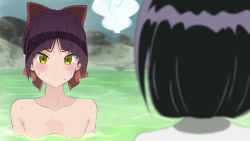 Rule 34 | 2girls, akagi (fmttps), bad id, bad pixiv id, black hair, blurry, blurry foreground, blush, bow, closed mouth, collarbone, depth of field, eyes visible through hair, frown, gegege no kitarou, gegege no kitarou 6, hair bow, hanako-san (gegege no kitarou), hanako-san (gegege no kitarou 6), looking at another, multiple girls, nekomusume, nekomusume (gegege no kitarou 6), nude, onsen, pale skin, partially submerged, purple hair, red bow, same-sex bathing, shared bathing, short hair, upper body, water, wet, yellow eyes