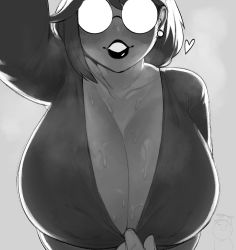 Rule 34 | 1girl, black lips, borrowed character, breasts, cleavage, clothes pull, glasses, greyscale, huge breasts, krekkov, lips, lipstick, looking at viewer, makeup, mature female, monochrome, opaque glasses, original, outstretched arm, round eyewear, shirt pull, smile, solo, suggestive fluid, sweat, teasing, tina (tina fate), tina fate