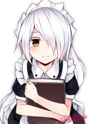 Rule 34 | 1girl, book, colored eyelashes, gradient background, hair over one eye, long hair, maid, maid headdress, md5 mismatch, original, otokuyou, resized, resolution mismatch, solo, source larger, sweat, white hair, yellow eyes