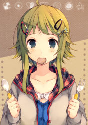 Rule 34 | 1girl, ahoge, bad id, bad pixiv id, black eyes, blush, collarbone, cookie, food, fork, green hair, gumi, hair ornament, hairclip, holding, holding fork, holding spoon, long hair, md5 mismatch, mouth hold, ousaka nozomi, solo, spoon, vocaloid