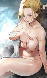 Rule 34 | 1girl, ballroom e youkoso, bathing, blonde hair, breast hold, breasts, brown eyes, cleavage, collarbone, forehead, hair between eyes, highres, hyoudou marisa, large breasts, long hair, looking at viewer, mature female, mole, mole under mouth, navel, nude, onsen, sitting, smile, steam, thighs, towel, wet, yoshio (55level)