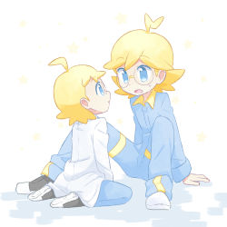 Rule 34 | 2boys, aged down, ahoge, akasaka (qv92612), arm support, blonde hair, blue eyes, blue jumpsuit, blue pants, clemont (pokemon), commentary request, creatures (company), eye contact, game freak, glasses, highres, jumpsuit, lab coat, long sleeves, looking at another, male focus, medium hair, multiple boys, nintendo, open mouth, pants, pokemon, pokemon xy, shoes, sitting, sneakers, spread legs, star (symbol), sweatdrop, tongue, white background, white footwear