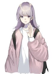 Rule 34 | 1girl, :d, aquna, backpack, bag, blush, commentary, english commentary, hand up, jacket, long hair, long sleeves, looking at viewer, open mouth, original, pink jacket, purple eyes, purple hair, shirt, simple background, smile, solo, upper body, waving, white background, white shirt