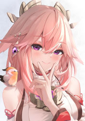 Rule 34 | 1girl, bare shoulders, bird, blush, breasts, genshin impact, hair between eyes, hair ornament, half-closed eyes, highres, japanese clothes, large breasts, long sleeves, looking at viewer, miaohik, miko, on shoulder, purple eyes, smile, upper body, v, white background, yae miko