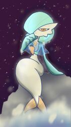 Rule 34 | 1girl, alternate color, alternate species, arm at side, blue capelet, blue hair, blue skin, bob cut, capelet, closed mouth, colored skin, creatures (company), female focus, flat chest, full body, game freak, gardevoir, gen 3 pokemon, hair over one eye, half-closed eyes, hand up, highres, looking at viewer, mermaid, monster girl, motion blur, multicolored skin, night, nintendo, one eye covered, orange eyes, outdoors, outline, pokemon, pokemon (creature), purple sky, rock, seashell, see-through, shell, shiny pokemon, short hair, sitting, sky, solo, star (sky), starry sky, two-tone skin, waves, white skin, yuri (fl0werspace)