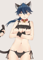 Rule 34 | 10s, 1girl, animal ears, bai lao shu, bell, blue eyes, blue hair, blush, cat ear panties, cat ears, cat lingerie, cleavage cutout, clothing cutout, collar, collarbone, covering privates, covering breasts, groin, highres, houshou (kancolle), jingle bell, kantai collection, meme attire, nagato (kancolle), navel, panties, ponytail, side-tie panties, simple background, tail, tail grab, tears, underwear, wrist cuffs
