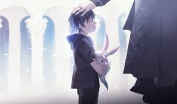 Rule 34 | 10s, 2boys, aged down, arch, bayinxie, black hair, black pants, carbuncle (final fantasy), child, column, father and son, final fantasy, final fantasy xv, hand on another&#039;s head, head out of frame, headpat, highres, jewelry, male focus, multiple boys, noctis lucis caelum, pants, pillar, regis lucis caelum, ring, standing