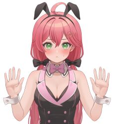 Rule 34 | 1girl, :&lt;, absurdres, ahoge, alternate costume, animal ears, black vest, blush, bow, bowtie, breasts, bunny garden, buttons, cleavage, collared vest, commentary request, detached collar, double-breasted, double-parted bangs, fake animal ears, green eyes, hair between eyes, hair bow, hair ornament, hairclip, hanazawa ma, hands up, highres, hololive, lapels, large breasts, long hair, looking at viewer, low twintails, notched lapels, pink bow, pink hair, rabbit ears, sakura miko, simple background, small sweatdrop, solo, twintails, upper body, vest, virtual youtuber, white background, wrist cuffs