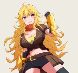 Rule 34 | 1girl, ahoge, belt, black gloves, black shorts, blonde hair, breasts, brown belt, brown jacket, buckle, cleavage, commentary request, cowboy shot, dutch angle, elbow gloves, fingerless gloves, gloves, grin, highres, jacket, large breasts, long hair, looking to the side, midriff, navel, orange scarf, puffy short sleeves, puffy sleeves, purple eyes, rwby, scarf, shirt, short sleeves, shorts, simple background, smile, solo, strapless, tube top, vambraces, waist cape, wavy hair, yan pai, yang xiao long, yellow shirt