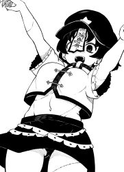 Rule 34 | 1girl, absurdres, arms up, cabbie hat, chinese clothes, cowboy shot, fingernails, hat, hat ornament, high contrast, highres, himajin noizu, jiangshi, long fingernails, looking at viewer, miyako yoshika, monochrome, ofuda, open mouth, outstretched arms, panties, panty peek, scar, shirt, short hair, skirt, solo, standing, star (symbol), star hat ornament, tangzhuang, teeth, touhou, underwear, upper teeth only