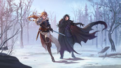 Rule 34 | 1boy, 1girl, armor, black feathers, black hair, blonde hair, blue eyes, blush, boots, breasts, cloak, commission, dark duck, day, feathers, gauntlets, glowing, hair between eyes, holding, holding sword, holding weapon, hood, hood up, hooded cloak, large breasts, long hair, original, outdoors, pauldrons, pointy ears, red eyes, sheath, sheathed, shoulder armor, snow, sword, thigh boots, thighhighs, tree, weapon