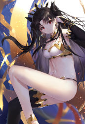Rule 34 | 1girl, absurdres, asymmetrical legwear, asymmetrical sleeves, bare shoulders, bikini, black bow, black hair, blush, bow, breasts, cleavage, earrings, fate/grand order, fate (series), gold trim, hair bow, heavenly boat maanna, highres, hoop earrings, ishtar (fate), jewelry, long hair, looking at viewer, medium breasts, navel, neck ring, parted bangs, red eyes, single sleeve, single thighhigh, smile, strapless, swimsuit, taht (that is mm), thighhighs, tiara, two side up, uneven legwear, uneven sleeves