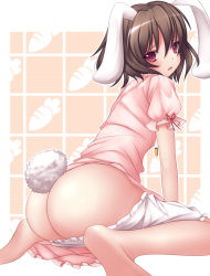 Rule 34 | 1girl, animal ears, ass, bad id, bad pixiv id, barefoot, brown hair, female focus, from behind, inaba tewi, looking back, mikan (5555), rabbit ears, rabbit girl, rabbit tail, red eyes, short hair, sitting, solo, tail, touhou, wariza