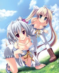 Rule 34 | 2girls, absurdres, all fours, angel ring, bare shoulders, bent over, blonde hair, blue eyes, blush, breasts, cleavage, collarbone, day, from below, grass, hair ornament, highres, large breasts, leaning forward, long hair, looking at viewer, medium breasts, mika alsted heine, multiple girls, outdoors, pantyhose, red eyes, rukia luminous suiren, silver hair, smile, standing, twintails, white legwear, yamakaze ran
