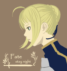 Rule 34 | 00s, 1girl, ahoge, armor, artoria pendragon (all), artoria pendragon (fate), blonde hair, blue ribbon, breastplate, brown background, copyright name, expressionless, fate/stay night, fate (series), from side, green eyes, hair bun, hair ribbon, k+, no pupils, parted lips, profile, ribbon, saber (fate), short hair, sidelocks, simple background, single hair bun, solo, upper body