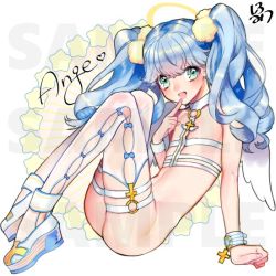 Rule 34 | 1boy, :d, angel, angel wings, ankle boots, aqua eyes, bare arms, bare shoulders, blue bow, blue hair, boots, bottomless, bow, bow legwear, character name, clenched hand, commentary request, cross, crossdressing, curly hair, finger to mouth, from side, full body, halo, hand up, happy, heart, index finger raised, knees up, legwear garter, light blue hair, long hair, looking at viewer, making-of available, male focus, o-ring, o-ring legwear, o-ring top, open mouth, original, pom pom (clothes), raised eyebrows, revealing clothes, sample watermark, shiromitsu daiya, signature, simple background, sitting, smile, solo, star (symbol), sunburst, thick eyebrows, thighhighs, trap, twintails, watermark, white background, white footwear, white thighhighs, wings, wristband, yellow eyes