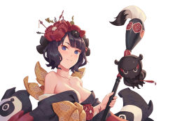 Rule 34 | 1girl, bigrbear, black kimono, blue eyes, breasts, calligraphy brush, cleavage, fate/grand order, fate (series), hair ornament, hairpin, highres, holding, holding paintbrush, ink, japanese clothes, katsushika hokusai (fate), kimono, looking at viewer, medium breasts, octopus, paintbrush, parted bangs, simple background, tokitarou (fate), white background
