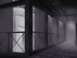 Rule 34 | bio lab, blurry, blurry background, commentary request, grey theme, highres, indoors, industrial, no humans, purple theme, ragnarok online, railing, sail (sail-away), scenery