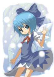 Rule 34 | 1girl, blue eyes, blue hair, cirno, cowboy shot, female focus, ice, ice wings, looking at viewer, looking back, matching hair/eyes, motofumi, puffy short sleeves, puffy sleeves, short hair, short sleeves, solo, standing, embodiment of scarlet devil, touhou, wings