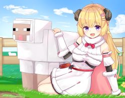 Rule 34 | 1girl, arm support, arm warmers, belt, belt pouch, blue sky, breasts, buttercup (flower), cape, cloud, cloudy sky, detached sleeves, dress, fence, field, fur-trimmed dress, fur trim, grass, hair ornament, hairclip, highres, hololive, horns, large breasts, long hair, looking at viewer, minecraft, on grass, on ground, open mouth, pouch, purple eyes, sera narumu, sheep, sheep horns, sitting, sky, sleeveless, sleeveless dress, smile, solo, trait connection, tsunomaki watame, tsunomaki watame (1st costume), very long hair, virtual youtuber, white dress, yokozuwari