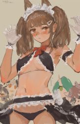 Rule 34 | 5girls, absurdres, alternate costume, angelina (arknights), animal ears, arknights, arms up, bikini, black bikini, black skirt, blush, bow, bowtie, breasts, brown hair, cowboy shot, dated, embarrassed, eyjafjalla (arknights), fox ears, frilled bikini, frills, gloves, highres, hoshiguma (arknights), ifrit (arknights), long hair, looking at viewer, maid, maid bikini, maid headdress, multiple girls, nose blush, orange eyes, red bow, red neckwear, showgirl skirt, signature, silence (arknights), simple background, sketch, skirt, small breasts, solo focus, swimsuit, taking picture, twintails, unconventional maid, white gloves, xilmo, yellow background