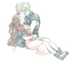 Rule 34 | 1boy, 1girl, aerith gainsborough, armor, belt, blonde hair, blood, blood from mouth, blue pants, blue shirt, boots, bracelet, breasts, brown footwear, brown hair, cleavage, closed eyes, cloud strife, death, dress, final fantasy, final fantasy vii, full body, gloves, hair between eyes, hair ribbon, hair undone, hetero, jacket, jewelry, kiss, kissing forehead, long hair, medium breasts, muscular, muscular male, pants, parted bangs, pink dress, red jacket, ribbon, shirt, short hair, shoulder armor, sidelocks, sleep junky, sleeveless, sleeveless turtleneck, spiked hair, square enix, turtleneck, unbuttoned dress, wavy hair, white background