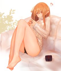 Rule 34 | 1girl, bare legs, barefoot, black panties, breasts, cleavage cutout, clothing cutout, couch, elf, hair between eyes, heart, heart background, highres, long hair, looking at viewer, matching hair/eyes, meme attire, open-chest sweater, orange eyes, orange hair, original, own hands together, panties, pointy ears, ribbed sweater, simple background, sitting, sketch, smile, solo, sweater, thighs, underwear, white upholstery, yaoya musuko