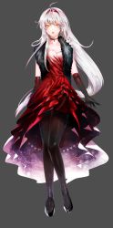 Rule 34 | 1girl, ahoge, bad id, bad pixiv id, black footwear, black gloves, black pantyhose, choker, dan (astsr1), elbow gloves, elsword, eve (elsword), expressionless, feather boa, female focus, full body, gloves, grey background, hairband, highres, long hair, looking at viewer, pantyhose, red skirt, shoes, skirt, solo, very long hair, white hair, yellow eyes