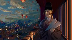 Rule 34 | 1boy, architecture, axis powers hetalia, backlighting, balcony, brown eyes, brown hair, china (hetalia), chinese clothes, east asian architecture, festival, hanfu, highres, holding, holding scroll, lantern, lantern festival, looking to the side, male focus, mountainous horizon, night, night sky, outdoors, paper lantern, ponytail, railing, robe, scenery, scroll, sky, sky lantern, smile, village, zhongerweiyuan