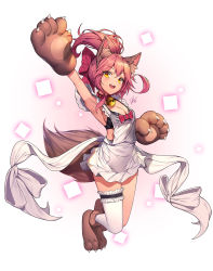 Rule 34 | 10s, 1girl, :d, animal ears, animal hands, apron, arm up, armpits, bell, black bra, blush, bow, bra, breasts, bridal garter, brown footwear, brown gloves, brown hairband, cleavage, collar, dduck kong, fake animal ears, fang, fate/extra, fate (series), fox ears, fox tail, full body, gloves, hair bow, hairband, highres, jingle bell, jumping, legs together, long hair, looking at viewer, medium breasts, nearly naked apron, open mouth, paw gloves, paw shoes, pink hair, ponytail, red bow, round teeth, shoes, single thighhigh, smile, solo, square, tail, tamamo (fate), tamamo cat (fate), tamamo cat (third ascension) (fate), tamamo no mae (fate/extra), teeth, thighhighs, underwear, white apron, white thighhighs, yellow eyes