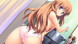 Rule 34 | 1girl, apron, artist request, ass, blush, braid, breasts, brown hair, cameltoe, cooking, cropped legs, dutch angle, game cg, highres, holding, indoors, ladle, long hair, looking at viewer, looking back, melty moment, naked apron, nearly naked apron, no bra, orie yuuka, panties, pink panties, pot, rakko (makarakko), sideboob, skindentation, solo, takayaki, trefoil, underwear
