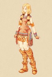 Rule 34 | 1girl, blonde hair, breasts, brown eyes, closed mouth, dress, final fantasy, final fantasy tactics, full body, geomancer (fft), hair ornament, highres, long hair, medium breasts, parody, shinichi kobe, simple background, solo, standing, style parody, twintails, white background