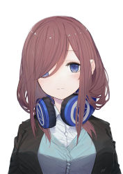Rule 34 | 1girl, ano54, artist name, black jacket, blue cardigan, blue eyes, blush, breasts, brown hair, cardigan, collared shirt, commentary request, go-toubun no hanayome, hair over one eye, headphones, headphones around neck, highres, jacket, large breasts, light smile, long hair, looking at viewer, nakano miku, open clothes, open jacket, school uniform, shirt, simple background, solo, upper body, white background, white shirt