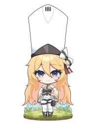 Rule 34 | 1girl, absurdres, blonde hair, blue eyes, bow, chibi, dress, frilled dress, frills, girls&#039; frontline, grass, hair between eyes, hands on own hips, highres, kolibri (girls&#039; frontline), large hat, long hair, looking at viewer, pantyhose, pouch, rynzfrancis, smile, solo, thigh pouch, thigh strap, twitter username, very long hair, white background, white headwear, white pantyhose, wide sleeves