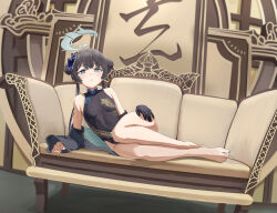 Rule 34 | 1girl, 200-ko no chikara, absurdres, bare legs, bare shoulders, barefoot, black gloves, black hair, blue archive, blue eyes, blush, breasts, butterfly hair ornament, chair, china dress, chinese clothes, commentary, couch, double bun, dragon print, dress, full body, gloves, hair bun, hair ornament, halo, highres, kisaki (blue archive), long hair, looking at viewer, lying, on couch, single glove, small breasts, solo