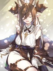 Rule 34 | 1girl, animal ears, black ribbon, breasts, brown hair, closed eyes, detached sleeves, dress, earrings, extra ears, facing viewer, galleon (granblue fantasy), gloves, granblue fantasy, groin, hair between eyes, holster, horns, jewelry, large breasts, neck ribbon, necklace, open mouth, pointy ears, ribbon, single earring, sitting, sleeveless, sleeveless dress, smile, solo, thigh holster, thighs, white gloves, youmou usagi