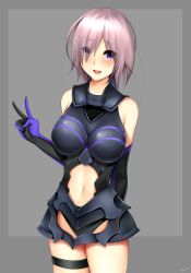 Rule 34 | 1girl, :d, breasts, elbow gloves, fate/grand order, fate (series), gloves, grey background, highres, large breasts, looking at viewer, mash kyrielight, navel, open mouth, purple eyes, revision, short hair, silver hair, simple background, smile, solo, tony guisado, v