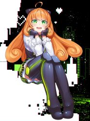 Rule 34 | 1girl, alternate hair length, alternate hairstyle, android, boots, bow, gloves, green eyes, joints, long hair, orange hair, penny polendina, ribbon, robot joints, rwby, skirt, spoilers, thigh boots, thighhighs