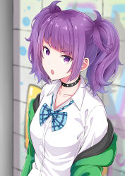 Rule 34 | 1girl, bow, diagonal bangs, green jacket, idolmaster, idolmaster shiny colors, jacket, looking at viewer, moco insanity, off shoulder, open mouth, plaid, plaid bow, purple eyes, purple hair, school uniform, shirt, short twintails, solo, tanaka mamimi, twintails, white shirt